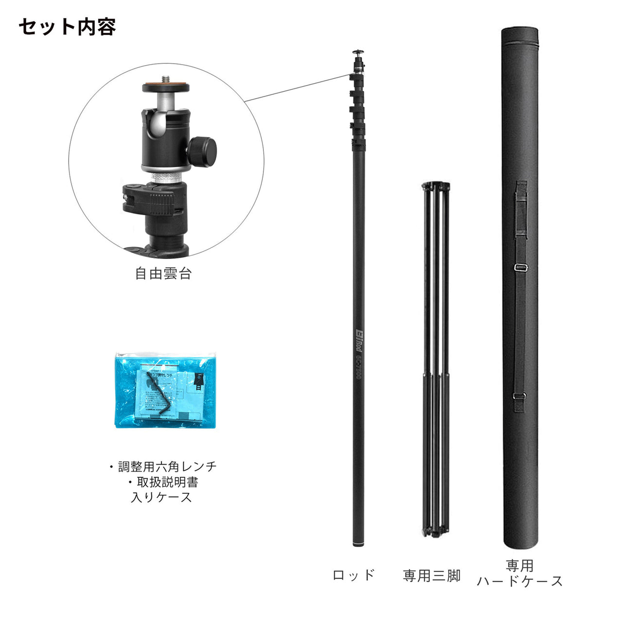 Bi Rod 6C-7500+専用三脚セット セット内容一式。自由雲台、7.5mロッド本体、専用三脚、専用ハードケース、調整用六角レンチと取扱説明書入りケースが付属。